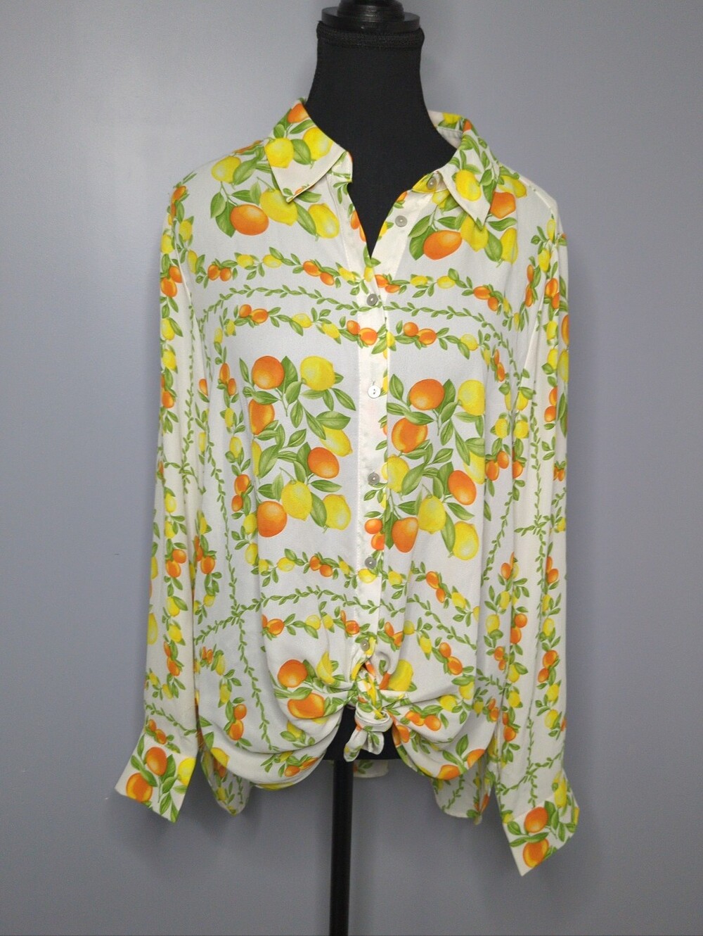 Rose + Olive NWT Lemon Orange Print Tie Front Blouse L